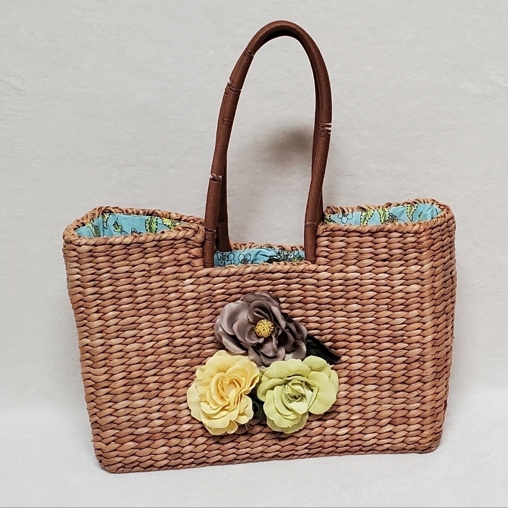 VINTAGE The Limited Handmade Large Whicker Straw Floral Applique Tote Handbag